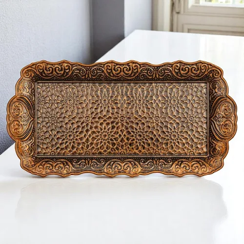 Vista 8 de Alisveristime Bandeja pequeña de metal ornamentado para servir – Bandeja decorativa con motivo otomano (14.2 x 7.1 pulgadas, 10.8 onzas)