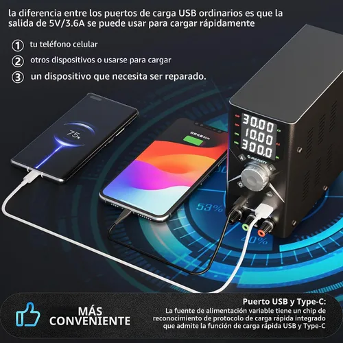 Vista 5 de Fuente de alimentación de CC variable, 0-30 V 0-10 A, conmutación ajustable, fuente de alimentación de banco regulada de CC con carga rápida USB