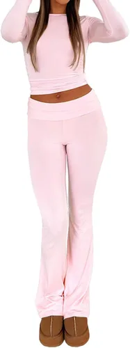Vista 3 de Leggings acampanados para mujer, casuales, suaves, ajustados, doblados sobre la cintura, pantalones de yoga