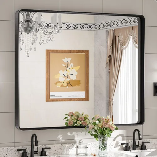Vista 115 de Espejo de marco dorado cepillado de 16 x 24 pulgadas, espejo de tocador de baño de latón dorado para pared, espejo enmarcado rectangular de esquina