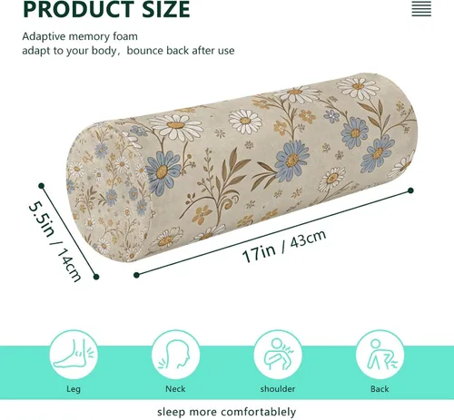 Vista 3 de Qilmy Blue and White Flowers Neck Roll Pillow, Memory Foam Round Pillow Cylinder Bolster Pillow for Sleeping, Cervical Roll Pillows for Pain Relief