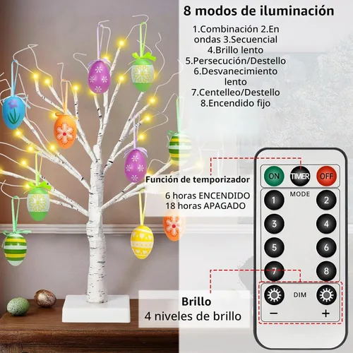 Vista 5 de Árbol de abedul iluminado de Pascua de 24 pulgadas con 12 adornos, LED blanco cálido, árbol artificial de mesa, 8 modos de iluminación USB