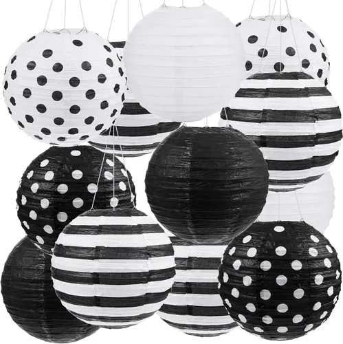Vista 10 de Treela Paquete de 6 linternas de papel en blanco y negro de 8 pulgadas redondas con patrones de lunares a rayas para regreso a clases, aula, fiesta