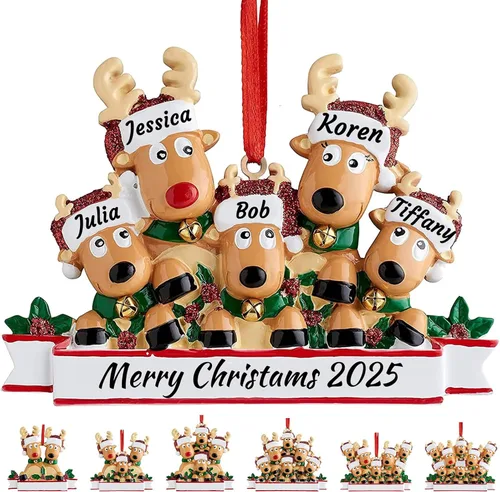 Vista 10 de Adorno personalizado de ciervo para árbol de Navidad, familia de 2,3,4,5,6,7,8 nombres, lindo reno de Papá Noel, decoración de Navidad 2025, regalo