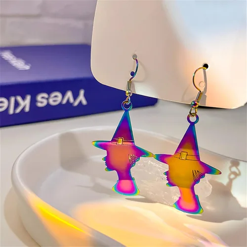 Vista 3 de Aretes de acero inoxidable de Halloween para mujeres y niñas, divertidos, brillantes, coloridos, degradados, galvanoplastia, murciélago, calabaza