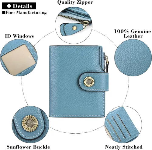 Vista 5 de FALAN MULE Cartera pequeña para mujer, de piel auténtica, plegable, compacta, con bloqueo RFID, pequeña cartera para mujer, AA-Azul claro, Moda