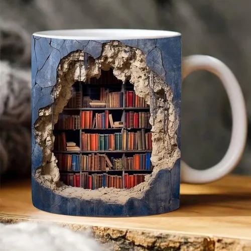 Vista 7 de Taza de estantería 3D, tazas de biblioteca, taza de café para amantes de los libros, taza de cerámica con diseño creativo del espacio para mujeres