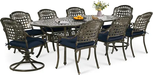Vista 20 de Juego de comedor de patio de 9 piezas, mesa y sillas de patio al aire libre, mesa de comedor ovalada de aluminio fundido de 84 pulgadas con agujero