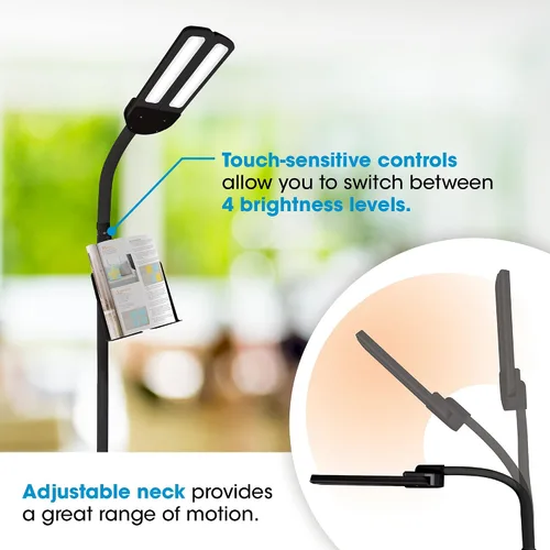 Vista 4 de OttLite Lámpara de pie LED de doble pantalla con soporte ajustable, amplia gama de iluminación con puerto de carga USB de 2.1 A integrado y cuello