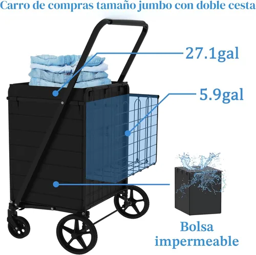 Vista 2 de Carrito de Compras Plegable de Servicio Pesado para Comestibles, Carritos de Comestibles Jumbo con Ruedas Giratorias de 360°, Bolsa Impermeable