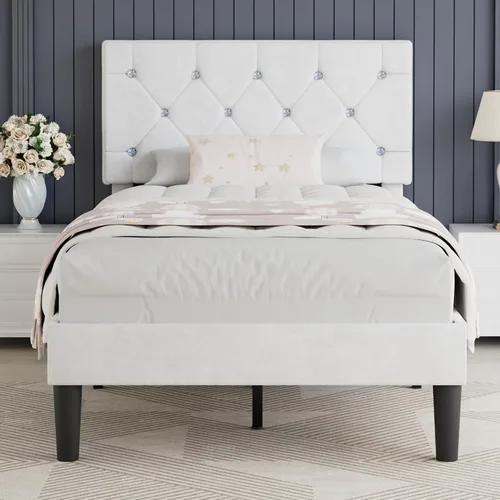Vista 31 de VECELO Base de cama tamaño individual con plataforma tapizada con cabecera ajustable de botones de diamante, soporte de listones de madera,