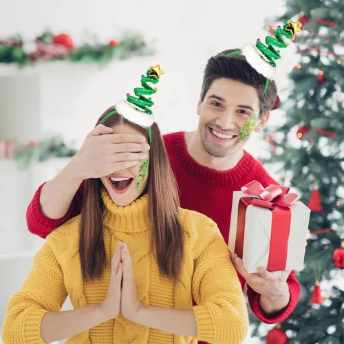 Vista 6 de FUEAWIM Diadema elástica para árbol de Navidad con campanas de Papá Noel con purpurina Chucky