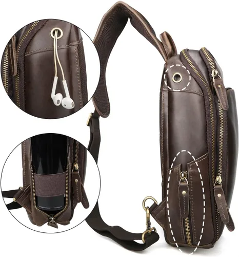 Vista 5 de Mochila retro de cuero de vaca real para hombre, mochila para iPad de 11 pulgadas, Marrón, Cabestrillo