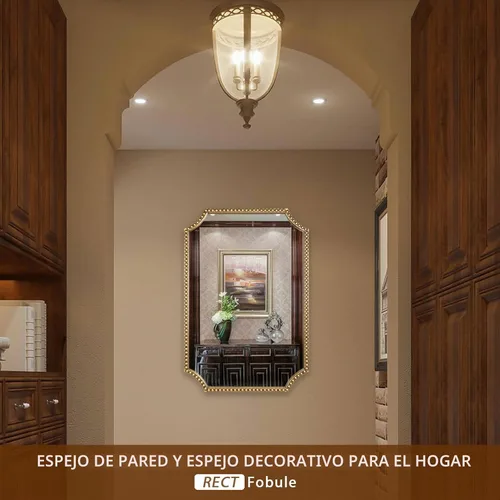 Vista 6 de Espejo de pared de 24 x 36 pulgadas, espejo decorativo rectangular de esquinas festoneadas, marco de cuentas de metal, decoración de pared para Oro