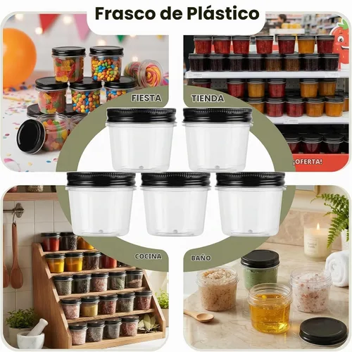 Vista 7 de novelinks Tarros de plástico transparente de 4 onzas con tapas negras, pequeños recipientes redondos reutilizables para alimentos, especias Negro