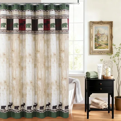 Vista 10 de Cortina de ducha de tela negra y beige, cortina de ducha con estampado de medallón vintage, cortina de baño decorativa impermeable, 72 pulgadas