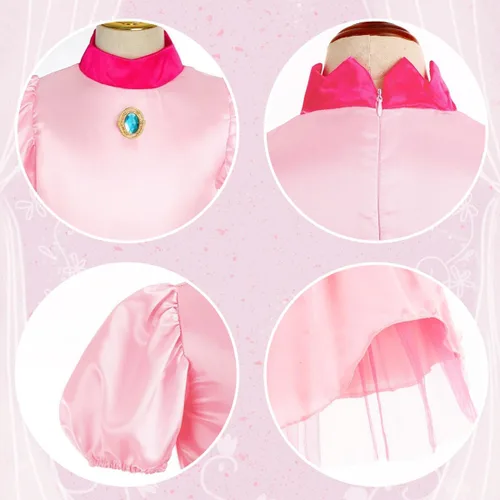Vista 5 de Luzlen Disfraz de princesa melocotón para niñas, vestido de princesa de Super Brothers, disfraz rosa para Halloween y cosplay