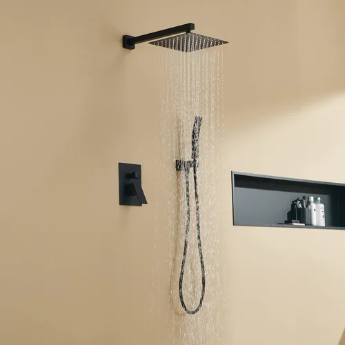 Vista 3 de Sistema de ducha de 10 pulgadas, juego combinado de ducha de lluvia, grifo de montaje en pared negro, grifos de baño con cabezal de ducha de lluvia