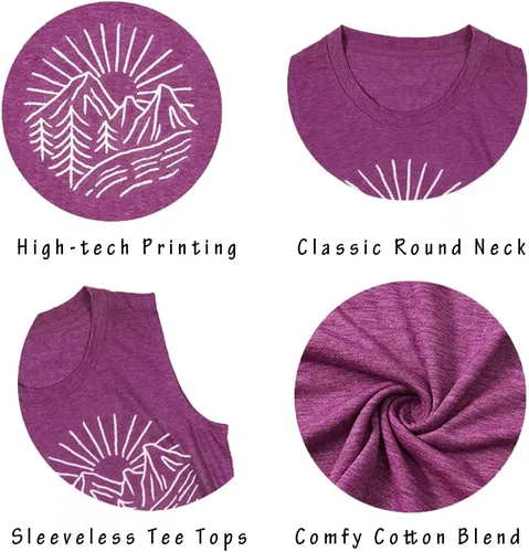 Vista 6 de Camisetas sin mangas de senderismo y montaña para mujer, divertidas camisetas de entrenamiento con gráficos de pino y amanecer, camisetas de verano