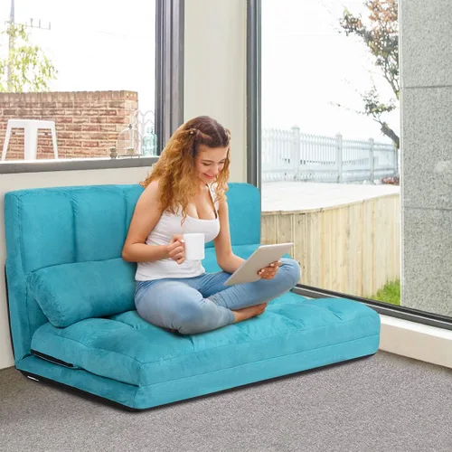 Vista 9 de S AFSTAR Safstar Sofá plegable y futón de suelo, sofá cama de tela de 6 posiciones con 2 almohadas y relleno de esponja, sofá perezoso ajustable Azul