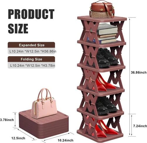 Vista 2 de Zapatero de 6 niveles, organizador de zapatos con patrón de madera falsa, almacenamiento de zapatos pequeño plegable que ahorra espacio, organizador
