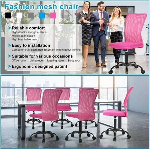 Vista 8 de Silla de oficina en casa sin brazos Silla de escritorio pequeña Silla de malla con respaldo medio Silla de computadora básica Silla de computadora