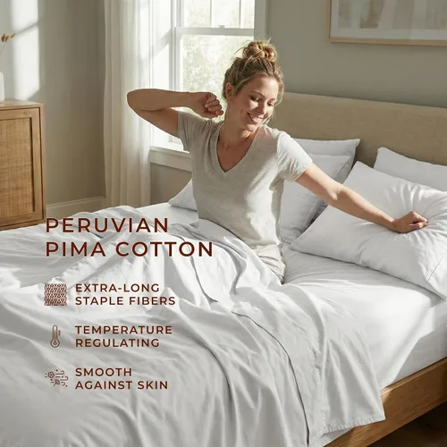 Vista 4 de Perú Pima – Juego de sábana de cama de 285 hilos – 100 % algodón peruano Pima – De percal Blanco