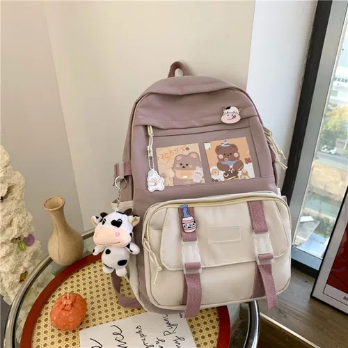 Vista 2 de Linda mochila con lindos accesorios de alfiler colgante de felpa para mochila escolar mochila estudiante niña, Bolso-4, Mochilas de mochila