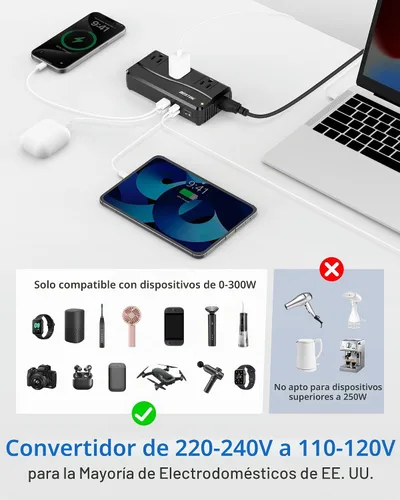 Vista 3 de BESTEK Convertidor de corriente de 250 W de 3 salidas y 4 puertos USB Transformador de voltaje de viaje 220V a 110V con adaptadores de enchufe