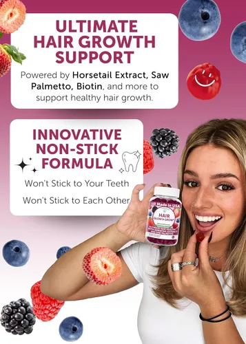 Vista 3 de Lunakai USA Made Super Hair Gummies con biotina, zinc, extracto de cola de caballo y palma enana americana – Vitaminas para el crecimiento