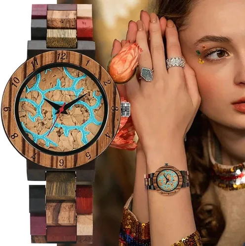 Vista 7 de Reloj de luz de madera para mujer, reloj analógico para mujer, correa de madera con cierre plegable, relojes de madera para mujer