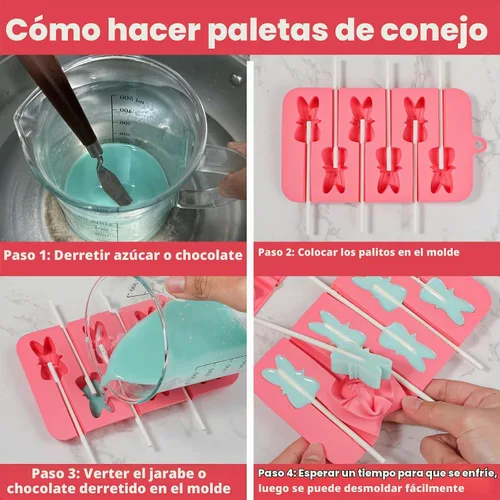 Vista 3 de Webake Moldes de piruleta de conejo para dulces de chocolate, 6 agujeros de silicona de conejo con palitos de piruleta, bonitos moldes de Pascua