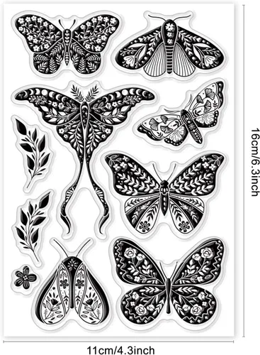 Vista 6 de GLOBLELAND Sellos transparentes con diseño de mariposa y polilla y flores, fondo de sentimiento de mariposa, sello transparente de silicona, sellos