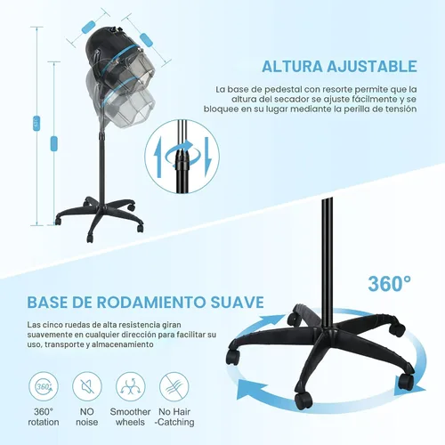 Vista 4 de Secador de pelo profesional de 1300W ajustable con capucha, de pie, base giratoria, con ruedas, para salón. Negro