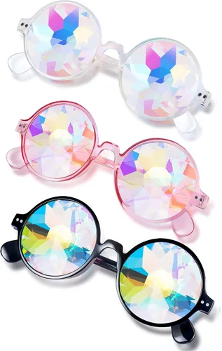 Vista 3 de Frienda 3 pares de gafas de caleidoscopio rave, festivales, gafas de sol, arco iris, caleidoscopio, lentes de sol, prisma de refracción