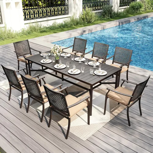 Vista 32 de PHI VILLA Juego de comedor al aire libre de 5 piezas para 4, sillas apilables con cojines y mesa cuadrada de madera de 37 pulgadas con agujero