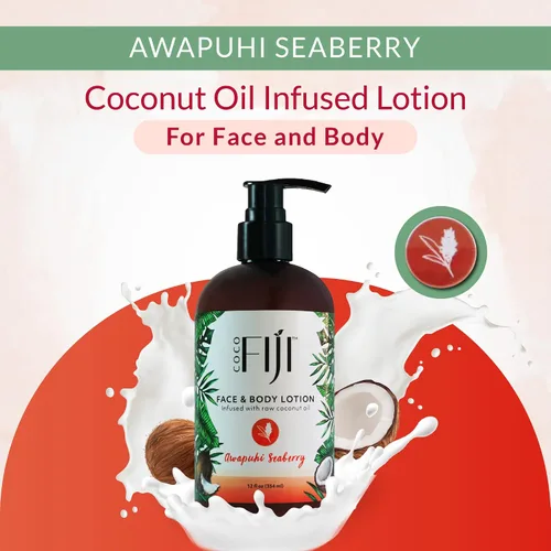 Vista 4 de Coco Fiji Loción facial y corporal infundida con aceite de coco, loción para piel seca, crema facial hidratante y loción de masaje para mujeres