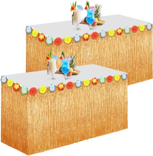 Vista 11 de Morcheiong Paquete de 1 falda de mesa de hierba Luau, 9 pies x 29.5 pulgadas, falda de mesa hawaiana para Tiki, selva, suministros de decoración