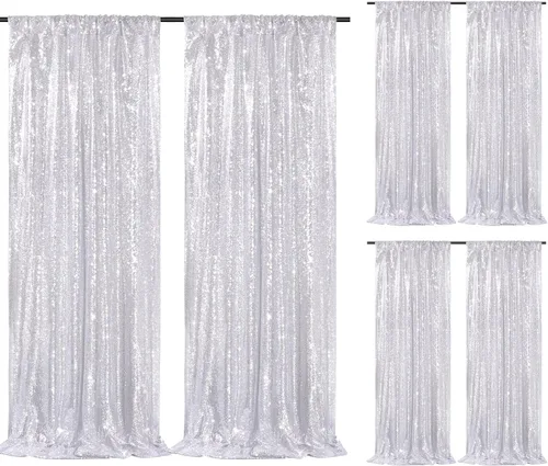 Vista 49 de Cortinas de fondo de lentejuelas con purpurina azul bebé, 2 piezas de 2 x 8 pies, telón de fondo de fiesta de baby shower para niños, hermosas