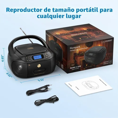 Vista 6 de Reproductor de CD y Cinta Combo, Hernpark Boombox Recargable con Bluetooth 5.1, Grabación de Cinta, Radio FM, Super Bass, Sonido Estéreo, Entrada