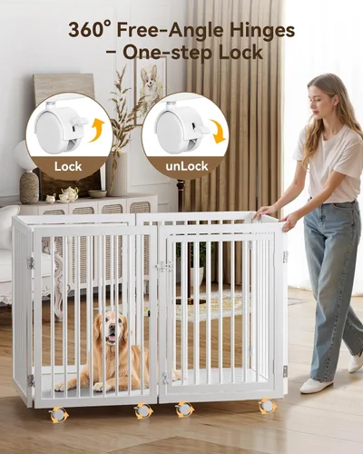 Vista 2 de SLSY Corralito transformable 6 en 1 para perros con 2 tablas base de madera, valla de metal resistente de 30 pulgadas con puerta, corral