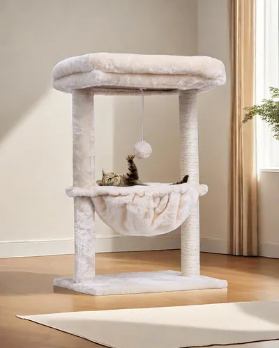 Vista 5 de SYANDLVY Árbol pequeño para gatos de interior, torre de actividad para gatos con poste rascador para gatitos, muebles para gatos con cesta y bola