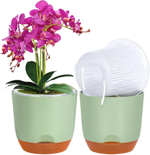 Vista 13 de QCQHDU 2 Pack 5.7 Inch Orchid Pots with Holes for Repotting, Double-Layer and Self Watering Orchid Pot with Good Air Circulation Verde