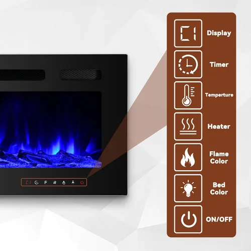 Vista 8 de Chimenea eléctrica montada en la pared y empotrada de 30 pulgadas con control remoto temporizador de 8 horas, 12 llamas, pantalla táctil, calentador