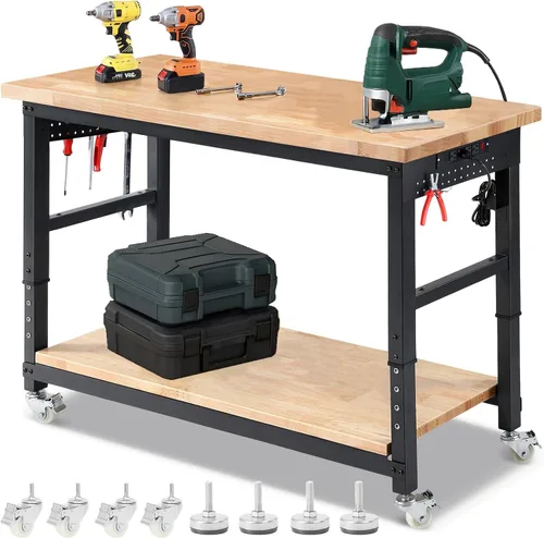Vista 15 de ENJOYWOOD Mesa de trabajo para garaje de 60 pulgadas Banco de trabajo con almacenamiento Altura ajustable Tablero de madera de goma Banco de trabajo