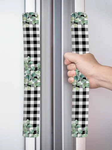 Vista 2 de Juego de 2 fundas para manijas de puerta de refrigerador a cuadros blancos y negros para lavavajillas, microondas, horno, nevera, estufa, accesorios