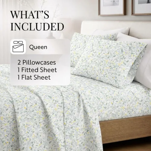 Vista 6 de Merit Linens Juego de sábanas transpirables de tamaño Queen con estampado floral de estilo hotelero, 4 piezas, con bolsillo profundo, sábanas