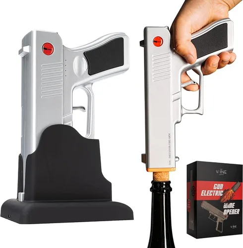 Vista 10 de Abridor de botellas de sacacorchos de vino con pistola eléctrica, batería inalámbrica con base de funda recargable, abre automáticamente vinos Negro