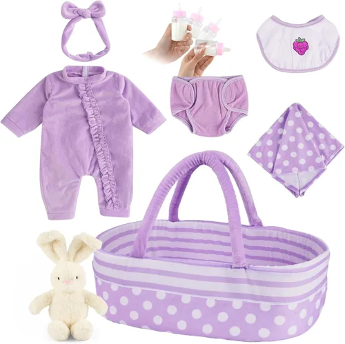 Vista 8 de BABESIDE - Accesorios para muñecas de bebé de 8 piezas con moisés para muñecas de 17 a 22 pulgadas Doll outfit set with bodysuit, diaper, bib