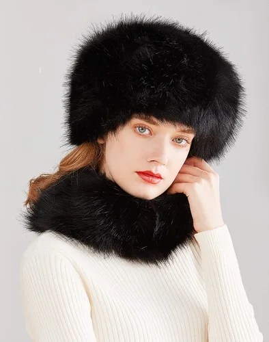 Vista 2 de Lovful Sombrero estilo cosaco ruso de piel sintética para mujer, conjunto de bufanda para mujer